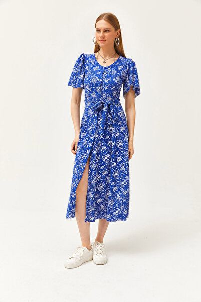 Olalook Γυναικείο πλεκτό φόρεμα Daisy Saks Μπλε με V λαιμόκοψη με κουμπιά ELB-19002048