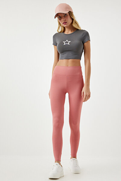 Happiness İstanbul Női világos szárított rózsa magas derekú bordázott varrat nélküli kötött harisnya XR00001