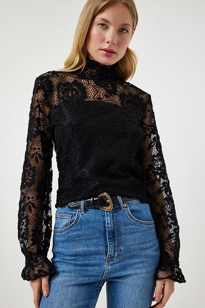 Happiness İstanbul Schwarze, elegante Bluse mit Stehkragen und Spitze TP00022