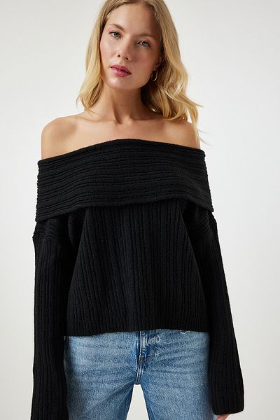 Happiness İstanbul Pulover tricotat cu guler Madonna negru pentru femei PF00049