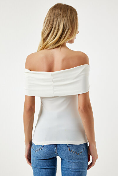 Happiness İstanbul Dámská pletená halenka Ecru Boat Neck CI00100