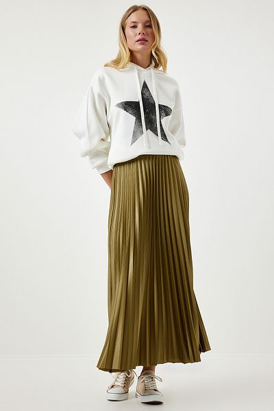 Happiness İstanbul Women's Dark Oil Green Bright Surface Pleated Knitted Skirt LJ00002