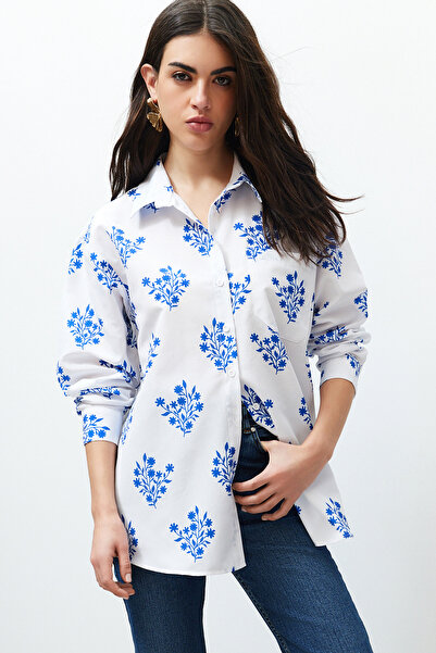 Trendyol Collection Ecru Floral Printed Oversize/Wide Fit Woven Shirt TWOSS24GO00094