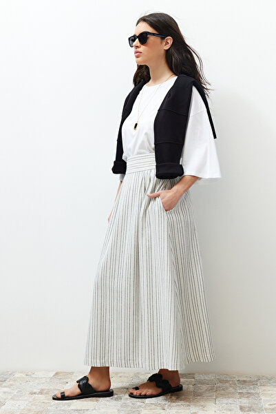 Trendyol Modest Ecru Striped Linen Look Woven Skirt with Pocket Detail TCTSS24EE00007
