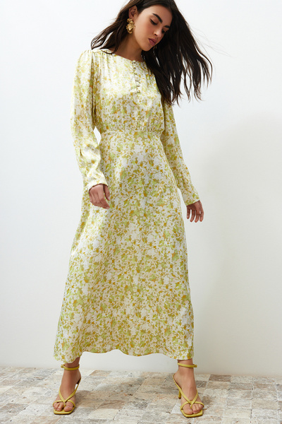 Trendyol Modest Ανοιχτό πράσινο φλοράλ μπροστινό φόρεμα με λεπτομέρεια υφαντό TCTSS24EB00087