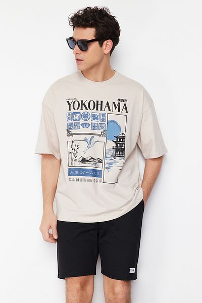 Trendyol Collection Βαμβακερό μπλουζάκι μεγάλου μεγέθους με μοτίβο Far East - TMNSS24TS00035
