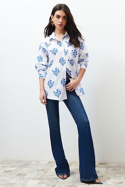 Trendyol Collection Ecru Floral Printed Oversize/Wide Fit Woven Shirt TWOSS24GO00094