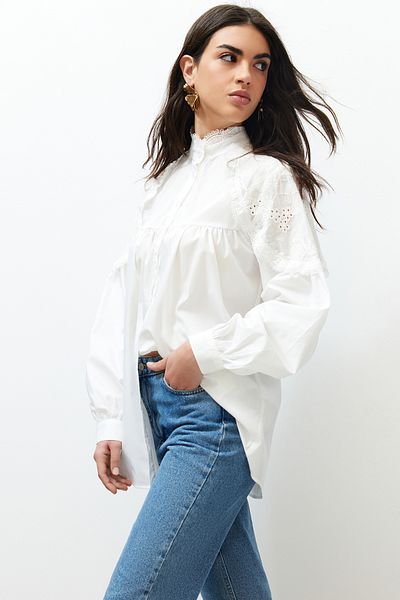 Trendyol Modest Ekrü hímzett pamut szőtt ing TCTSS24TG00026