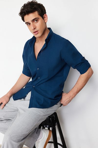 Trendyol Collection Košile Indigo Slim Fit Epaulettes – dlouhý rukáv, 100% bavlna, Tmnss20Go0189