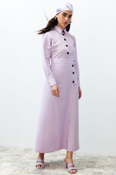 Trendyol Modest Λεπτομέρεια με κουμπιά γιακά πουκάμισου λιλά Απλό υφαντό φόρεμα TCTSS24EB00116