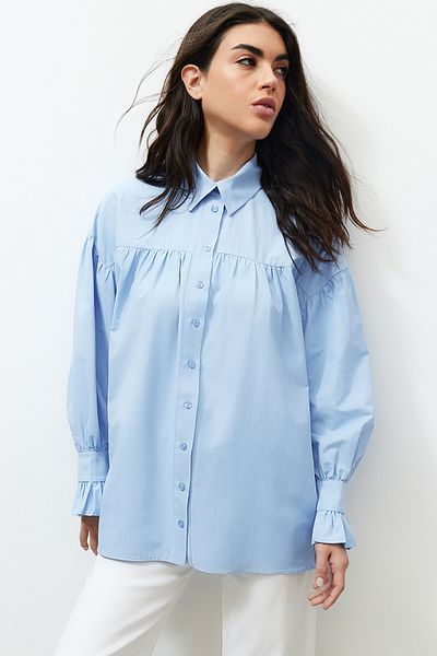 Trendyol Modest Cămașă din bumbac cu șnur albastru deschis TCTSS24TG00051