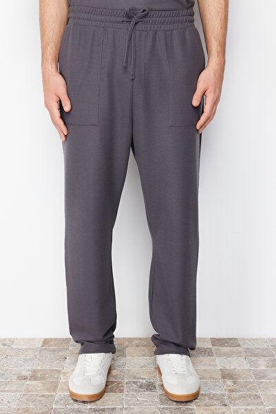 Trendyol Collection Ανθρακί Oversize/Φαρδιά κοπή με υφή φαρδιά πόδια με ετικέτα Φαρδιά φούτερ παντελόνια TMNSS24EA00005