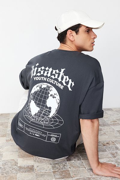 Trendyol Collection Anthracite Fluffy Text Printed Oversize Cotton T-Shirt - TMNSS24TS00160