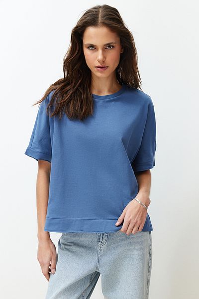 Trendyol Collection Indigo 100% bavlna Střih a rozparek Detailní Oversize/Pohodlný střih Pletené tričko TWOSS24TS00027
