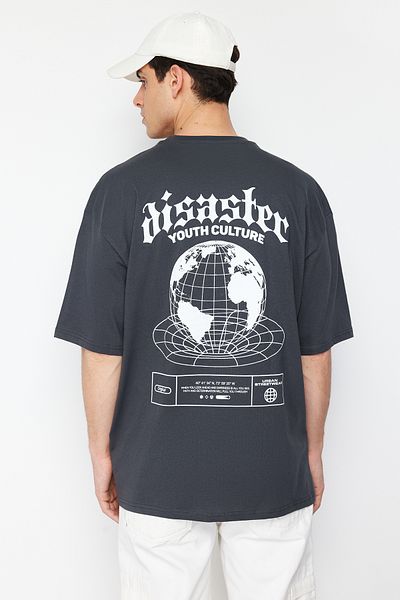 Trendyol Collection Anthracite Fluffy Text Printed Oversize Cotton T-Shirt - TMNSS24TS00160