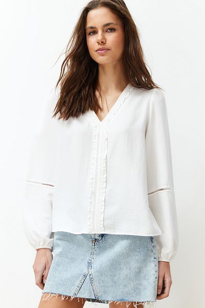 Trendyol Collection Ecru Collar Ruffle and Lace Detailed Woven Blouse TWOSS24BZ00167