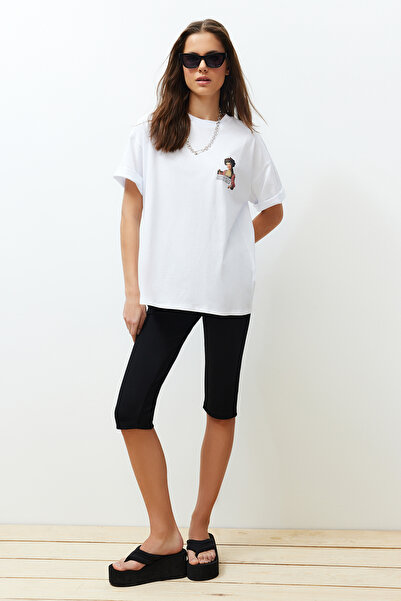 Trendyol Collection White 100% Thick Cotton Oversize/Wide Fit Back and Front Printed Knitted T-Shirt Twoss24Ts00060