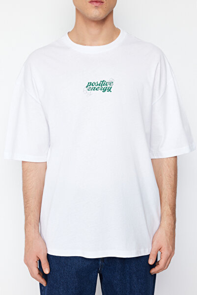Trendyol Collection White Oversize/Wide Cut Crew Neck Floral Printed 100% Cotton Tough Fabric T-Shirt Tmnss24Ts00010