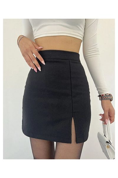 AL&SU BUTİK Fusta neagră mini cu fantă pentru femei