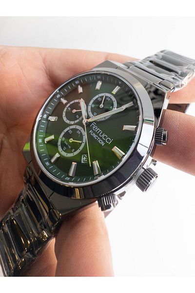 Ferrucci FCF14168FM.05 Men's 43mm steel wrist watch with Ferrucci green dial and dual time