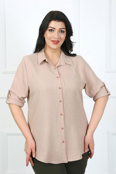 By Alba Collection Women's Stone Color Soft Linen Large Size Shirt