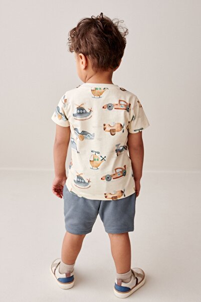 Next Baby 100% Cotton Ecru Vehicles Printed Top and Bottom Set with Shorts