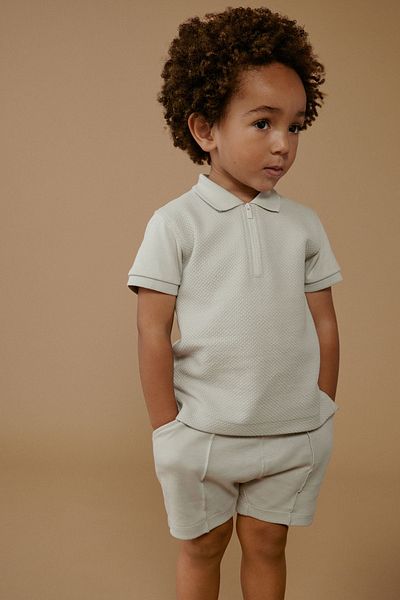 Next Baby 100% Cotton Gray Polo Collar Textured Shorts Top and Bottom Set