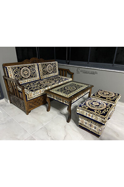 Sultan Sedir Hanzade Lacivert Motifli 160 cm Tek Sedir + 1Sehpa + 2Puf Takım ...