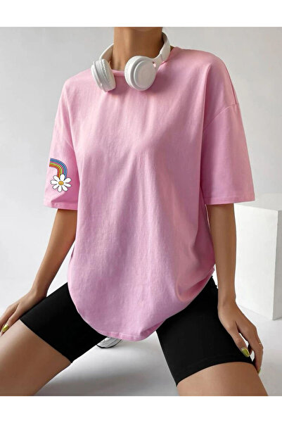 FAVORİST Tricou oversize din bumbac imprimat cu curcubeu și margarete