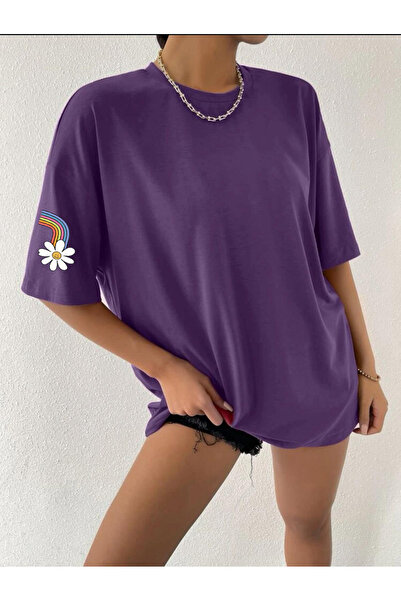 FAVORİST Tricou oversize din bumbac imprimat cu curcubeu și margarete