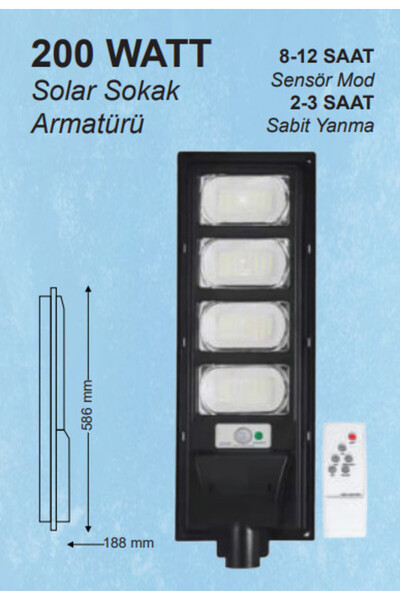 10EN 200w Ledli Güneş Enerjili Sokak Armatürü