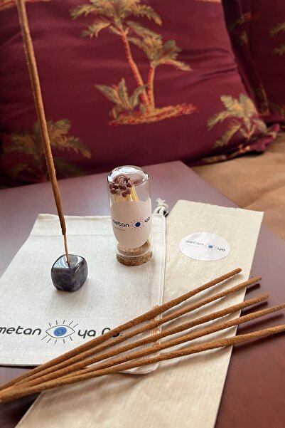 Metanoyaco Ametist Doğal Taşlı Tütsülük & 6 Adet Doğal Çubuk Tütsü & Kibrit Şişe