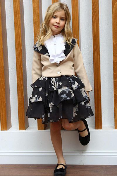 Riccotarz Girl's Floral Patterned KatKat, Atlas Fabric Skirt Beige Jacket Skirted Suit