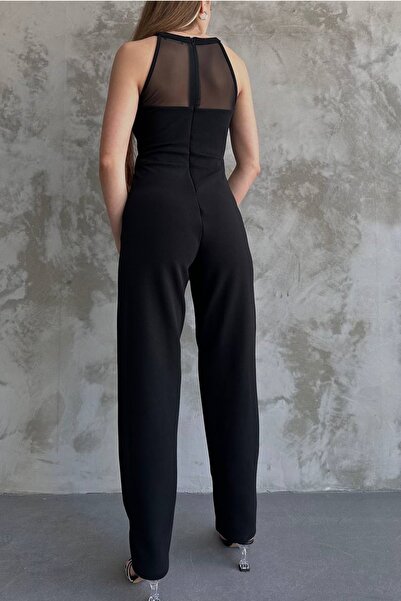 lovebox Dámská krepová tkanina s průhledným tylovým designem černý overal bez rukávů 12132