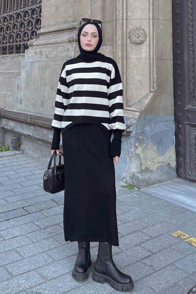 lamelif Striped Sweater Knitwear Dress Double Set