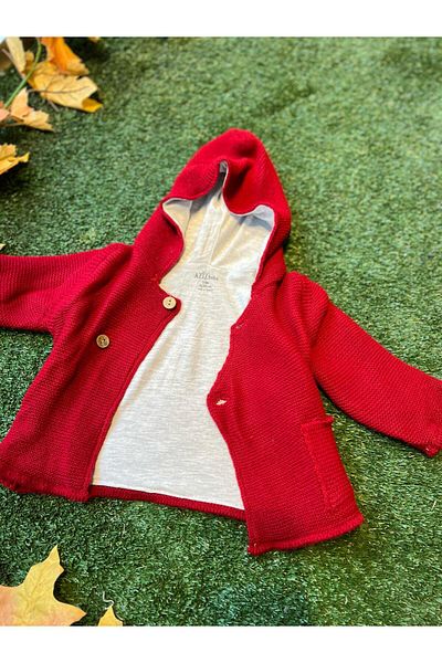 Aziz Bebe Knitwear Hooded Buttoned Cardigan Combed Cotton Inside
