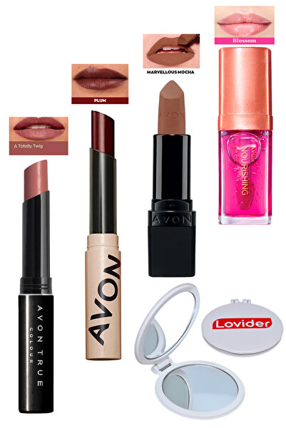 AVON Totally Twig Ruj + Tinted Plum + Marvellous Mocha Mat Ruj + Blossom Dudak Yağı + Lovider Cep Aynası