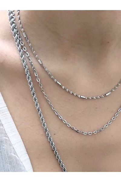 TÜKKAN ACCESSORİES ROPE BOWGER MODEL CHAIN TRIPLE MULTI COMBIN SILVER COLOR NECKLACE-SLEEVE156