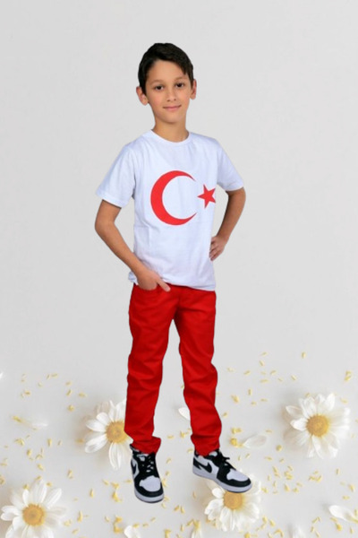 Nacar Kız Erkek Çocuk 23 Nisan Bayrak Baskılı Kısa Kol Gösteri Tshirt Yetişki...