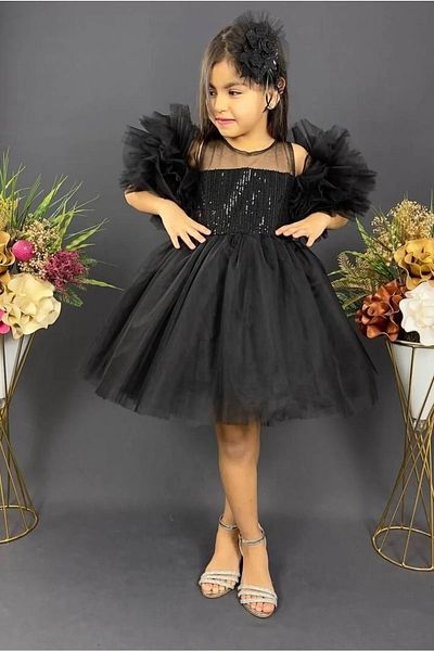 Sevimlice Kids Chiffon Robe Pompom Sleeve Sequined Girl's Fluffy Skirt Tutu Evening Dress