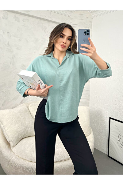 modavingo بلوزة نسائية ذات أكمام ثلاثة أرباع وياقة من قماش الأيروبين باللون الأخضر الفاتح