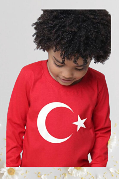 Nacar Kız Erkek Çocuk 23 Nisan Bayrak Baskılı Uzun Kol Gösteri Tshirt Yetişki...