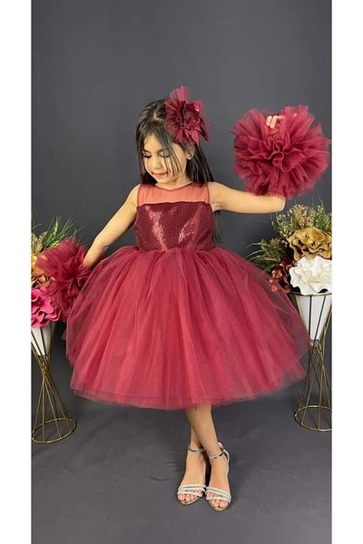 Sevimlice Kids Chiffon Robe Pompom Sleeve Sequined Girl's Fluffy Skirt Tutu Evening Dress