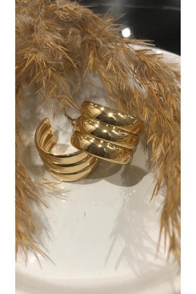 designforqueen Curved Three Row Hoop Gold Steel Earrings