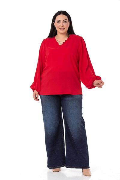 DISENTIS MODEST Plus Size Red Blouse with Chain Detail on Collar and Elastic Sleeves