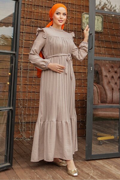 Bestenur Frilly Pleated Dress 777 - Stone