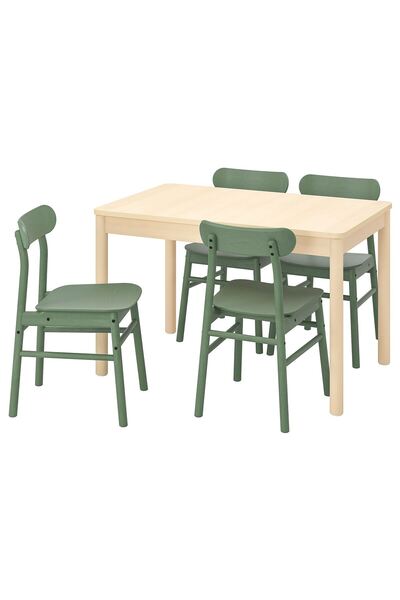 IKEA RÖNNINGE mutfak masası takımı, huş-yeşil, 4 sandalyeli, açılabilir, 118/173 cm