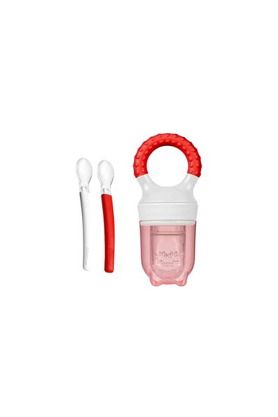 Wee Baby Nutrition Set (2 Pieces Silicone Spoon + Fruit Strainer) Red White
