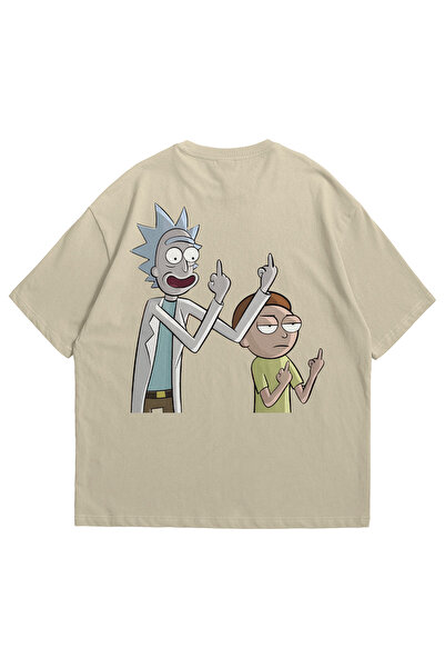 Scrovtie Kadın Erkek Bej  Rick and Morty Baskılı Oversize Bisiklet Yaka Kısa ...