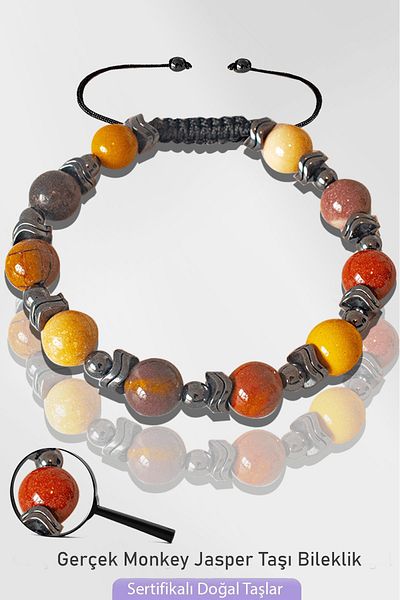 Tesbih Atölyesi Silver Hematite Monkey Jasper Stone Bracelet - Adjusted and Certified